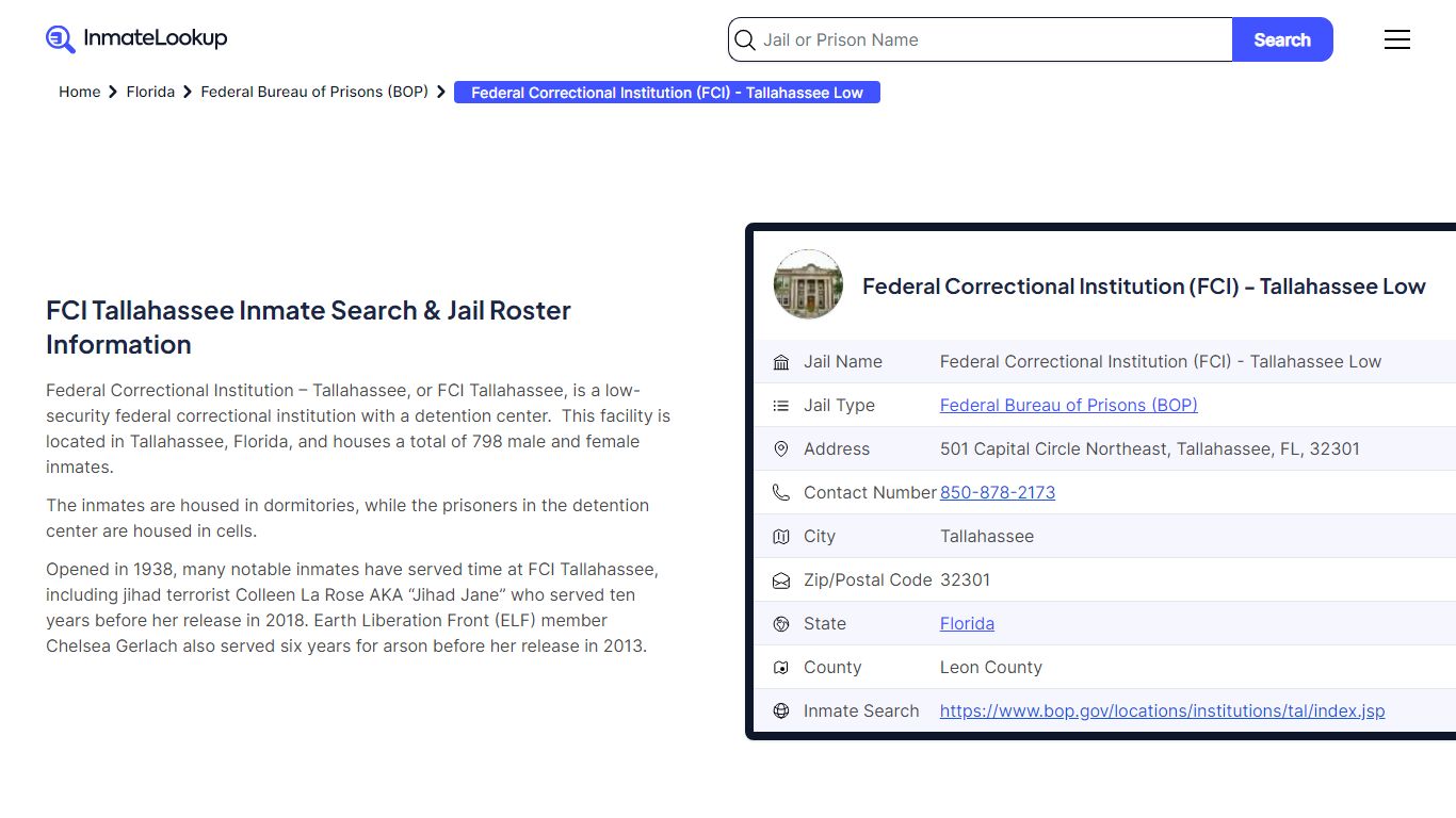 Federal Correctional Institution (FCI) - Tallahassee Low Inmate Search ...