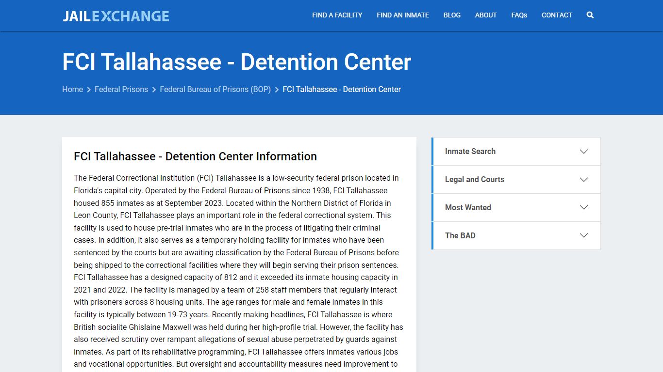 Federal Inmate Search - FCI Tallahassee - Detention Center - Jail Exchange